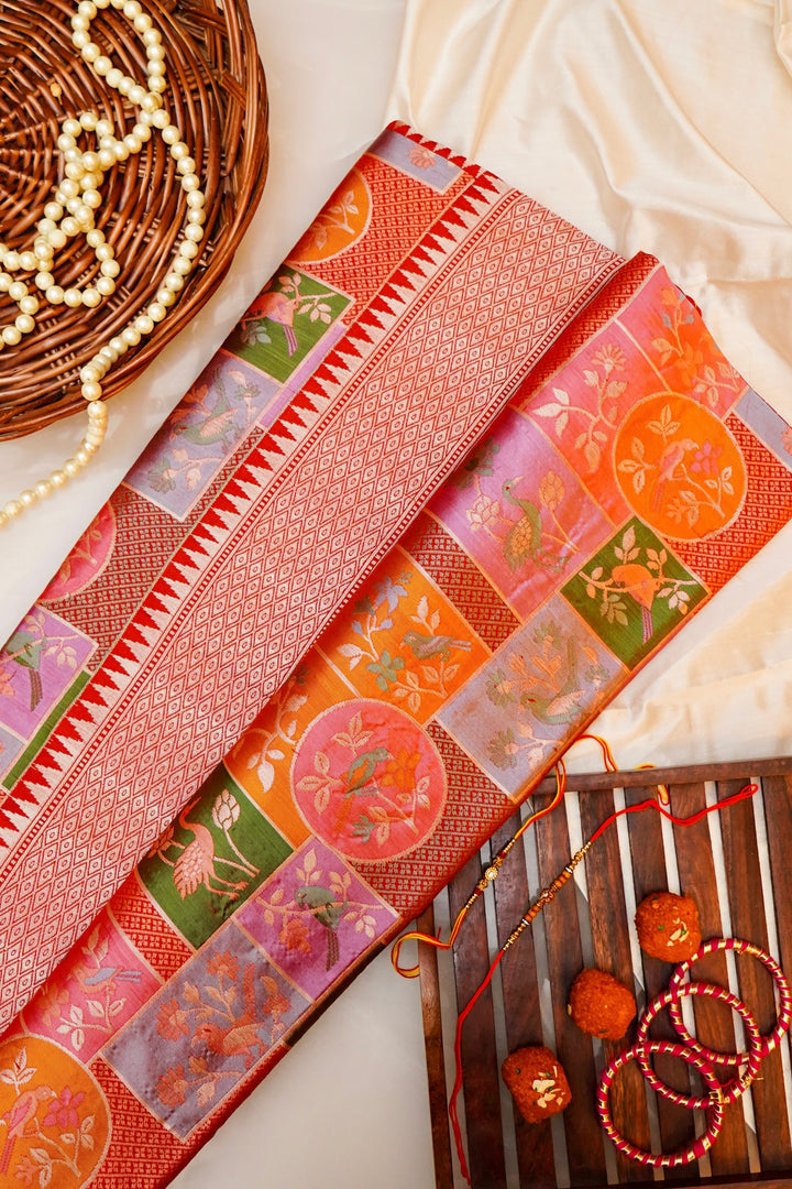 Handwoven Red Banarasi Pure Katan Silk Saree with Meenakari Floral & Bird Motifs