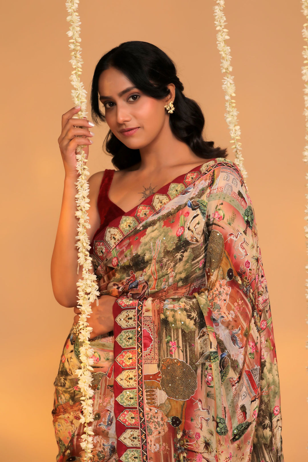 cherry red crepe silk katha embroidery figure motif saree closeup view 2