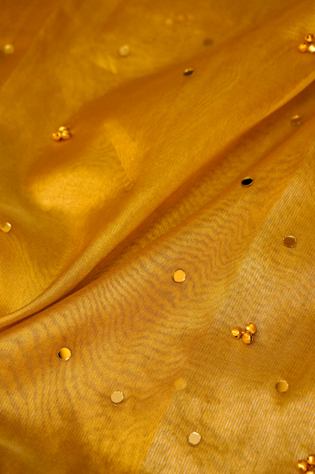 Golden Viral Ghungru Tissue Silk Saree with Mirror Work View 6
