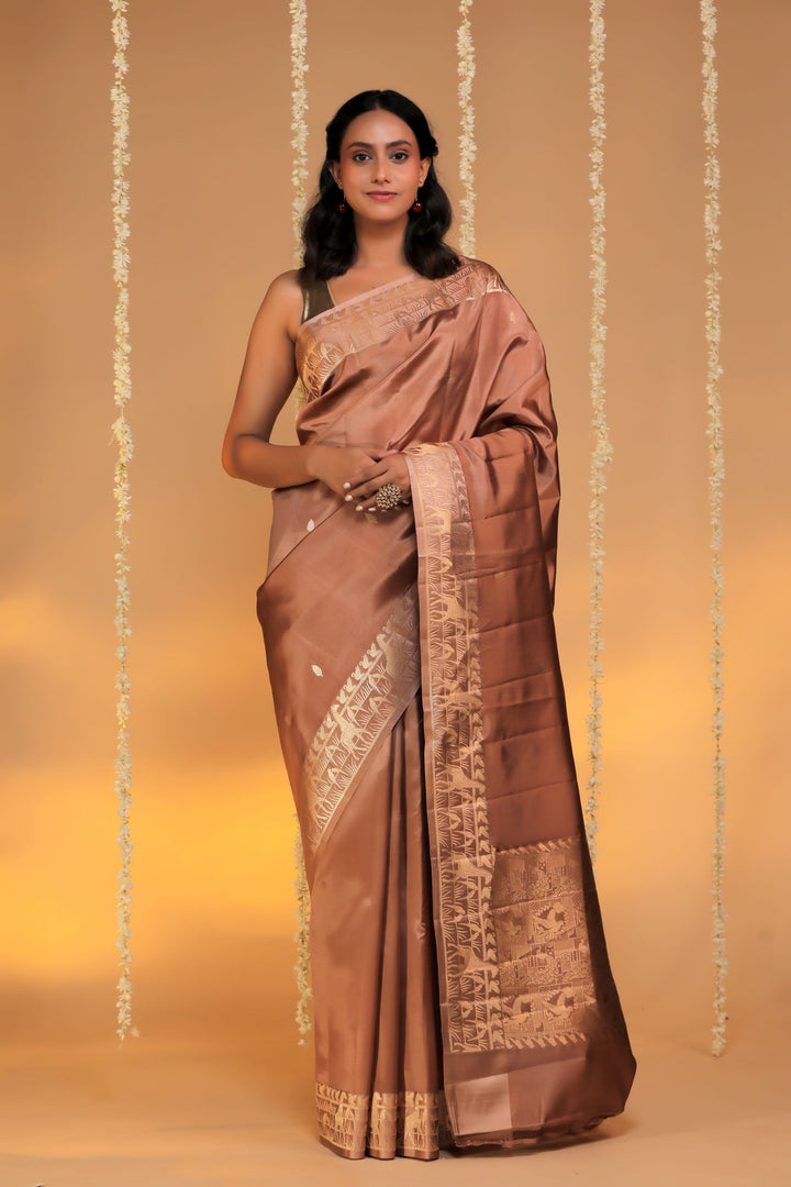 deep mauve handwoven banarasi pure mashru silk shikargah weaving border and pallu front view