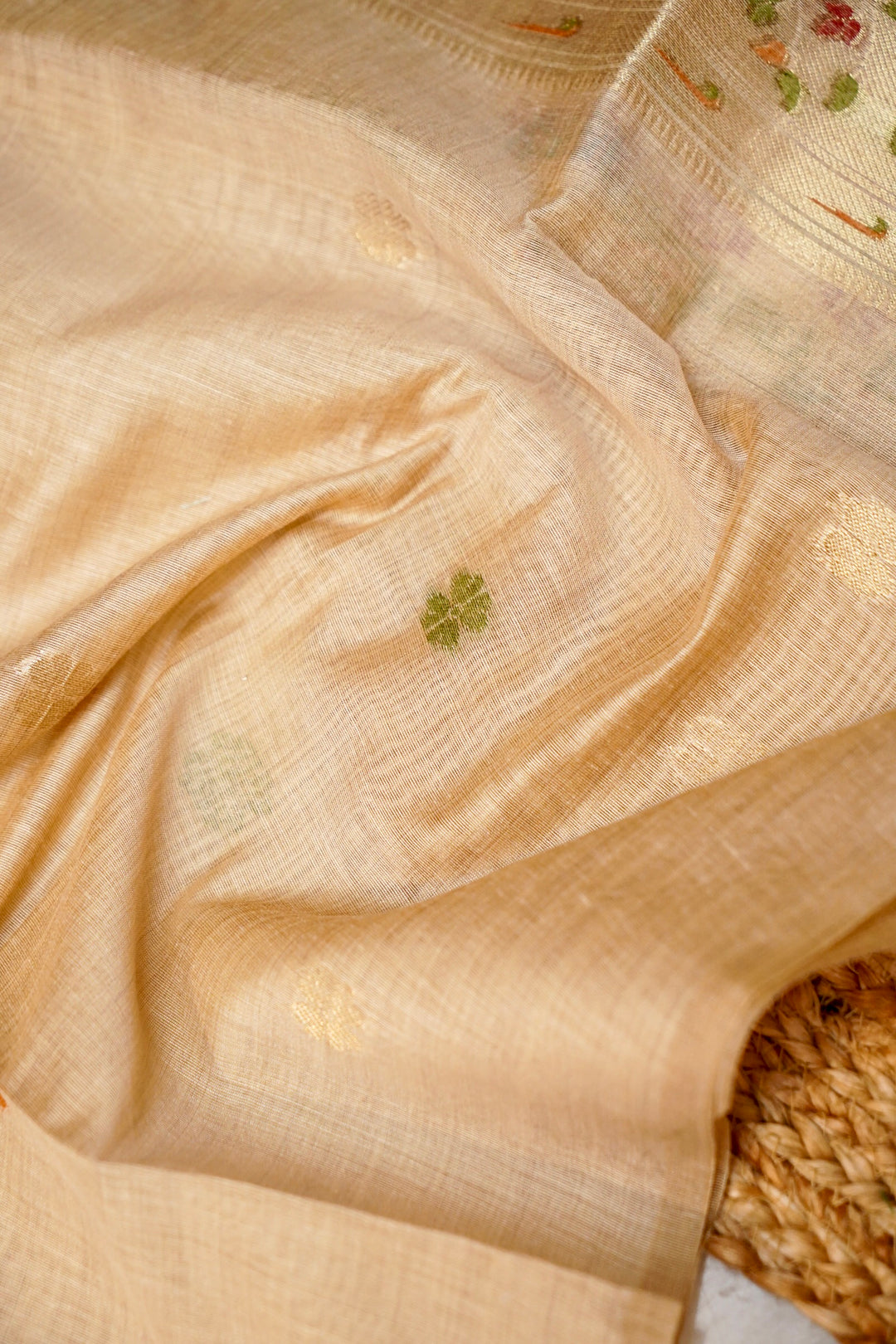 Beige Handwoven Cotton Unstitched Suit Set with Peacock Woven Dupatta