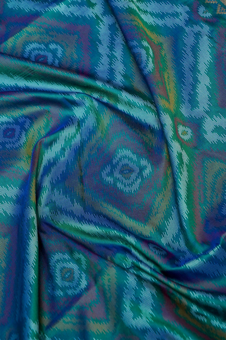 Teal Green Soft Silk Ikat Inspired Saree with Golden Zari Heavy Border & Pallu