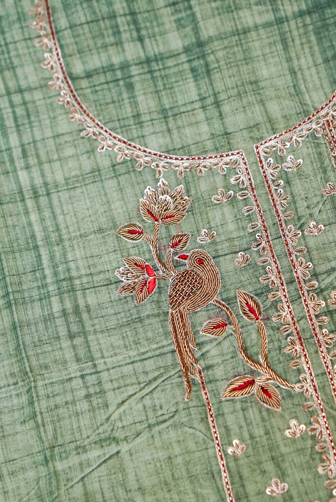 Sage Green Pure Banarasi Chanderi Silk Suit with Zardozi Embroidery and Leheriya Kota Dupatta