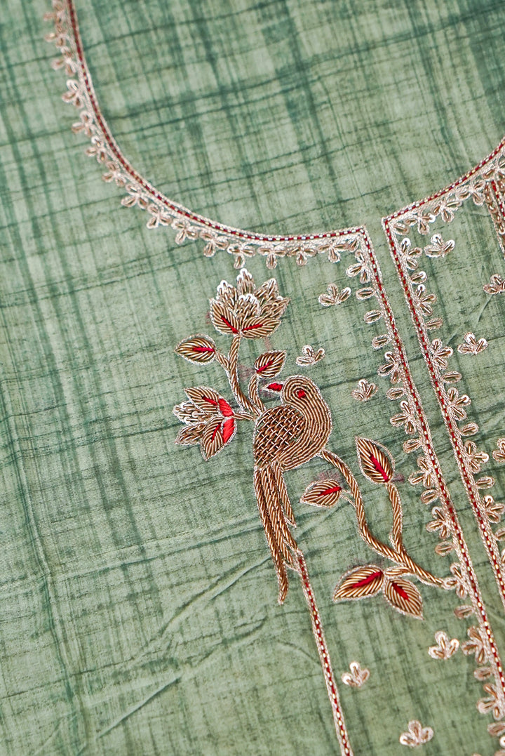 Sage Green Pure Banarasi Chanderi Silk Suit with Zardozi Embroidery and Leheriya Kota Dupatta