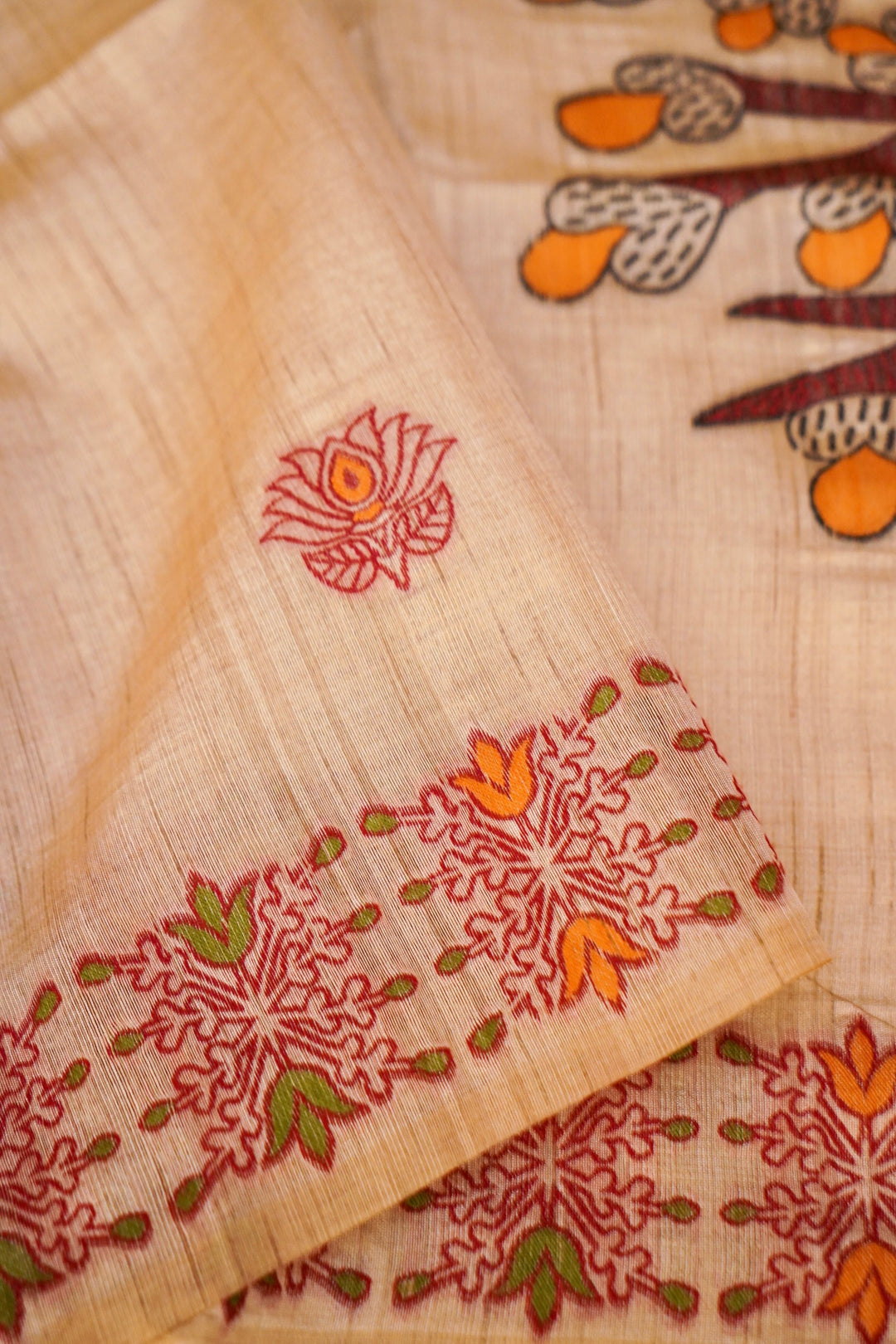 Cream Tussar Silk Saree with Meenakari Border &amp; Peacock Motif Pallu