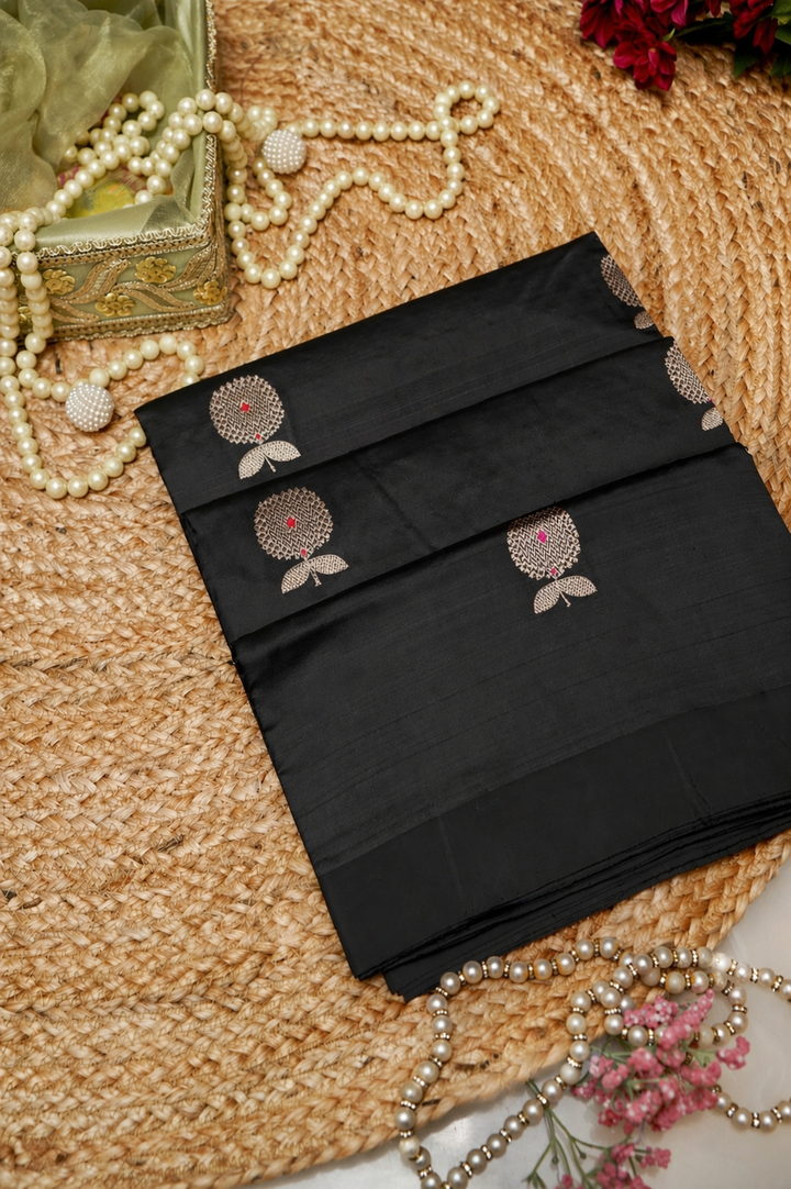 Handwoven Black Banarasi Pure Puna Silk Saree with Meenakari Booti