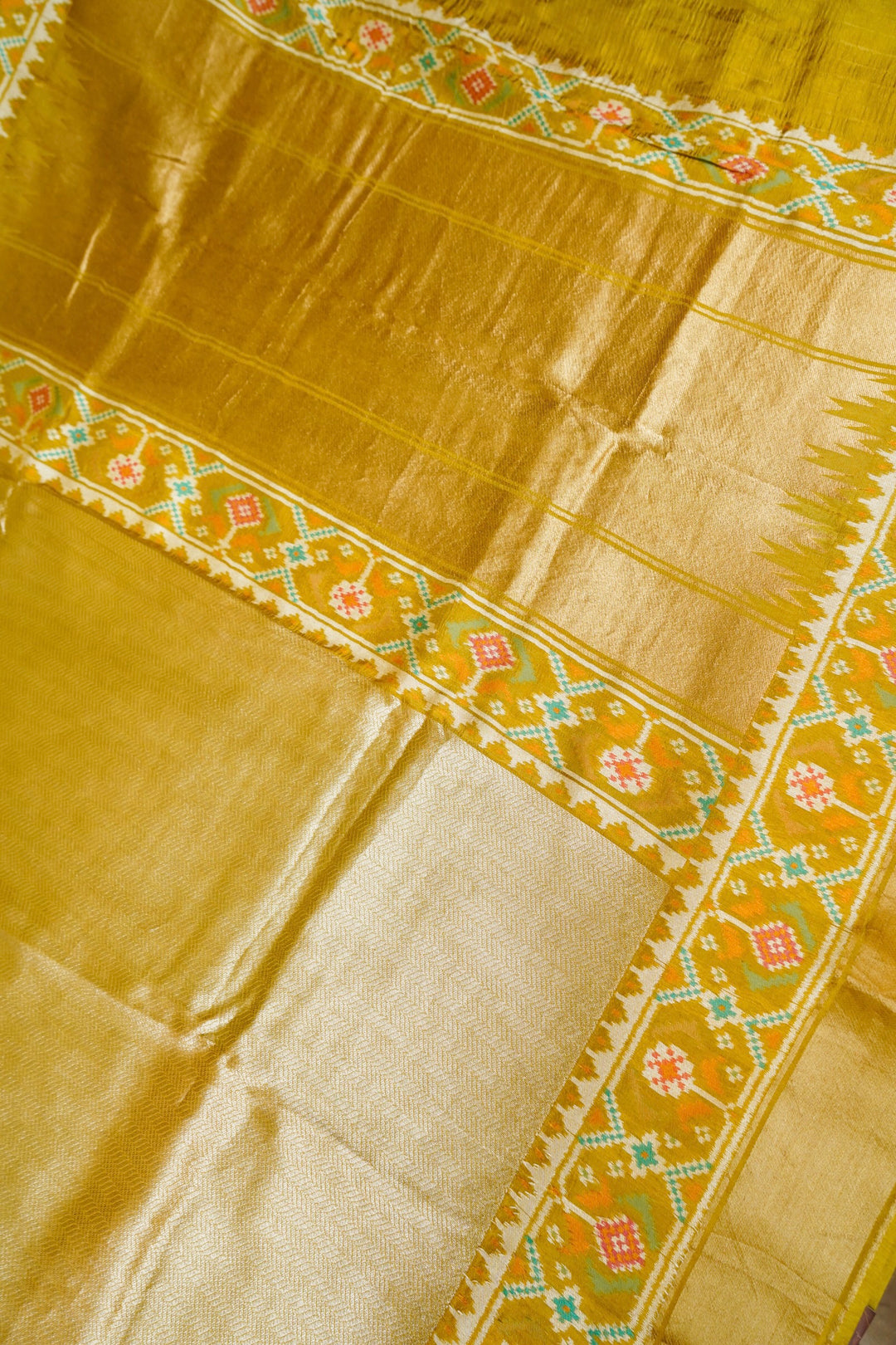 Olive Green Pure Soft Silk Brocade Saree with Patola Inspired Woven Border