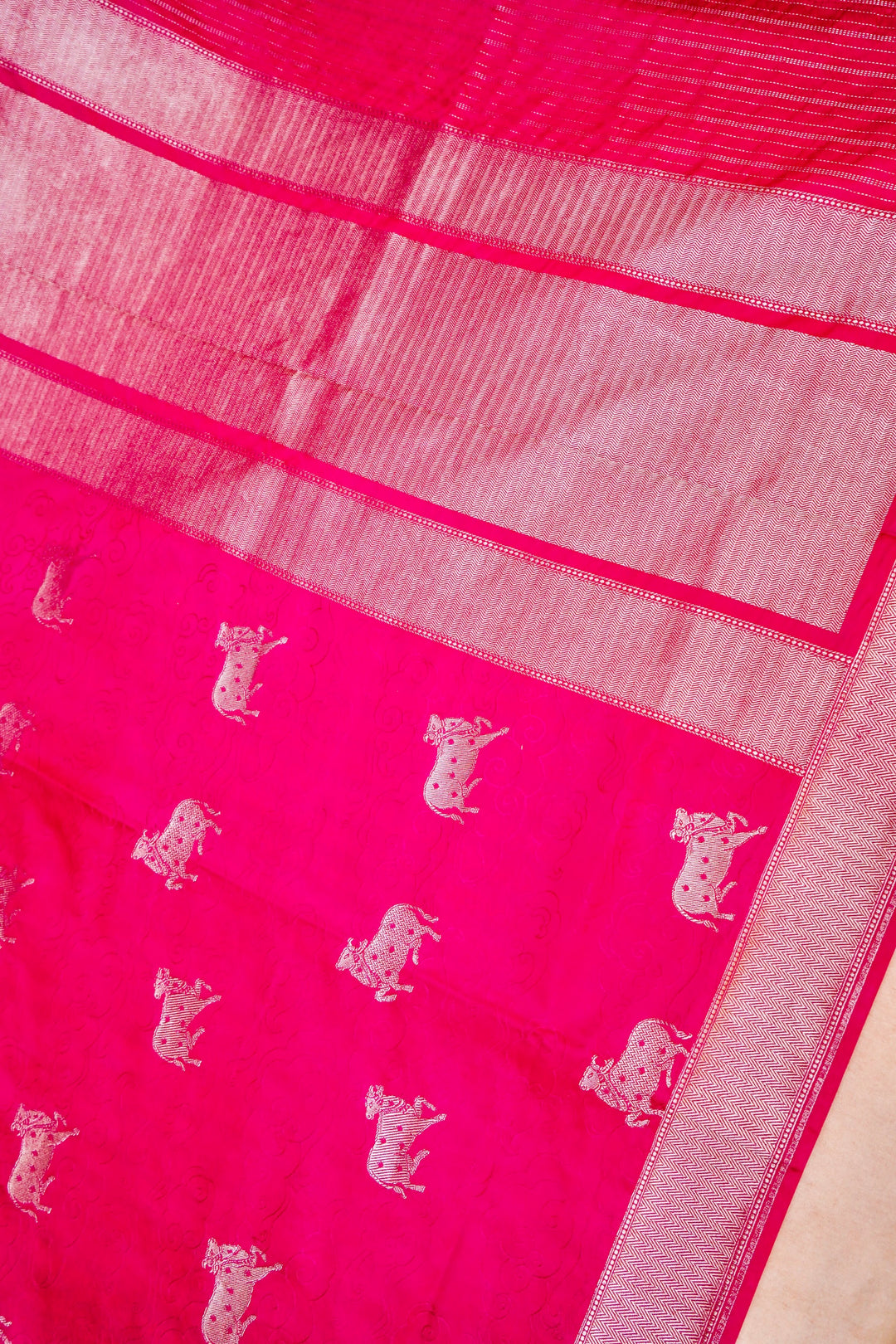 Divine Charm in Pink Banarasi Mashru Silk Saree with Golden Zari Nandi Motif