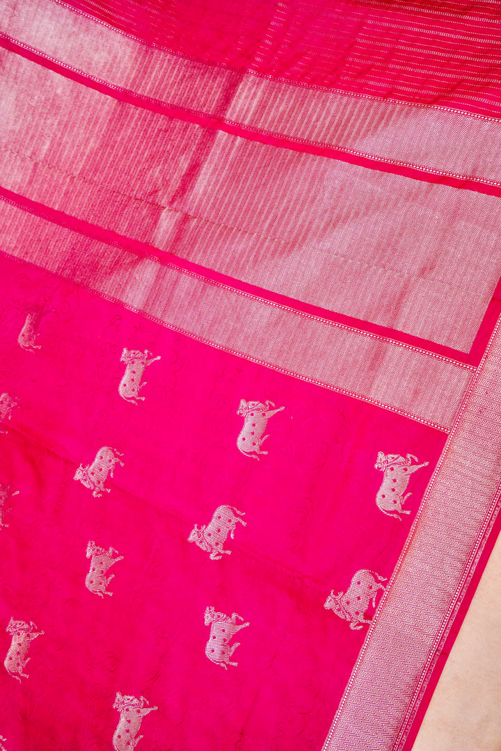 Divine Charm in Pink Banarasi Mashru Silk Saree with Golden Zari Nandi Motif
