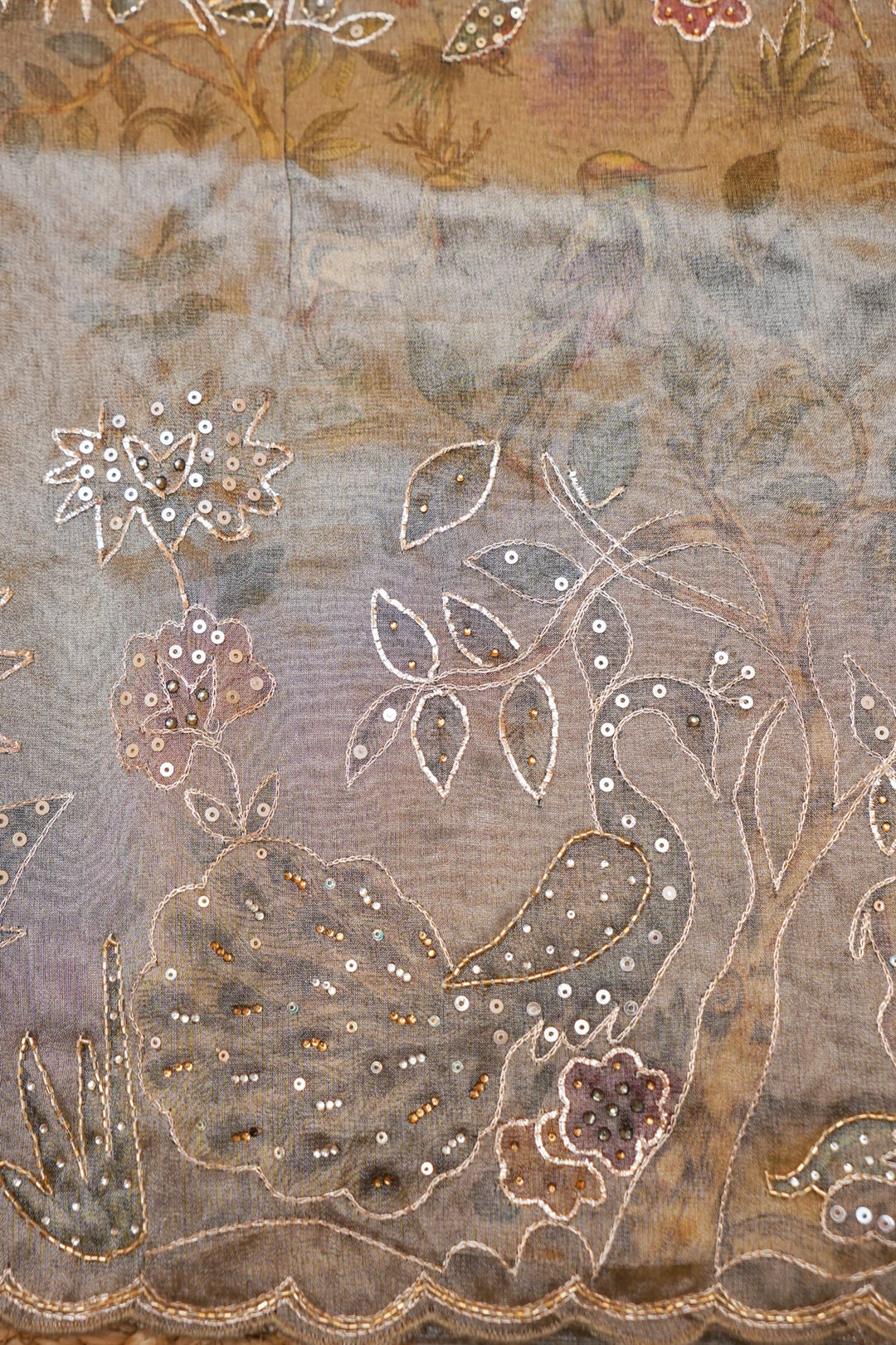 Soft Tissue Silk Aari Tari Hand Embroidered and Printed Saree