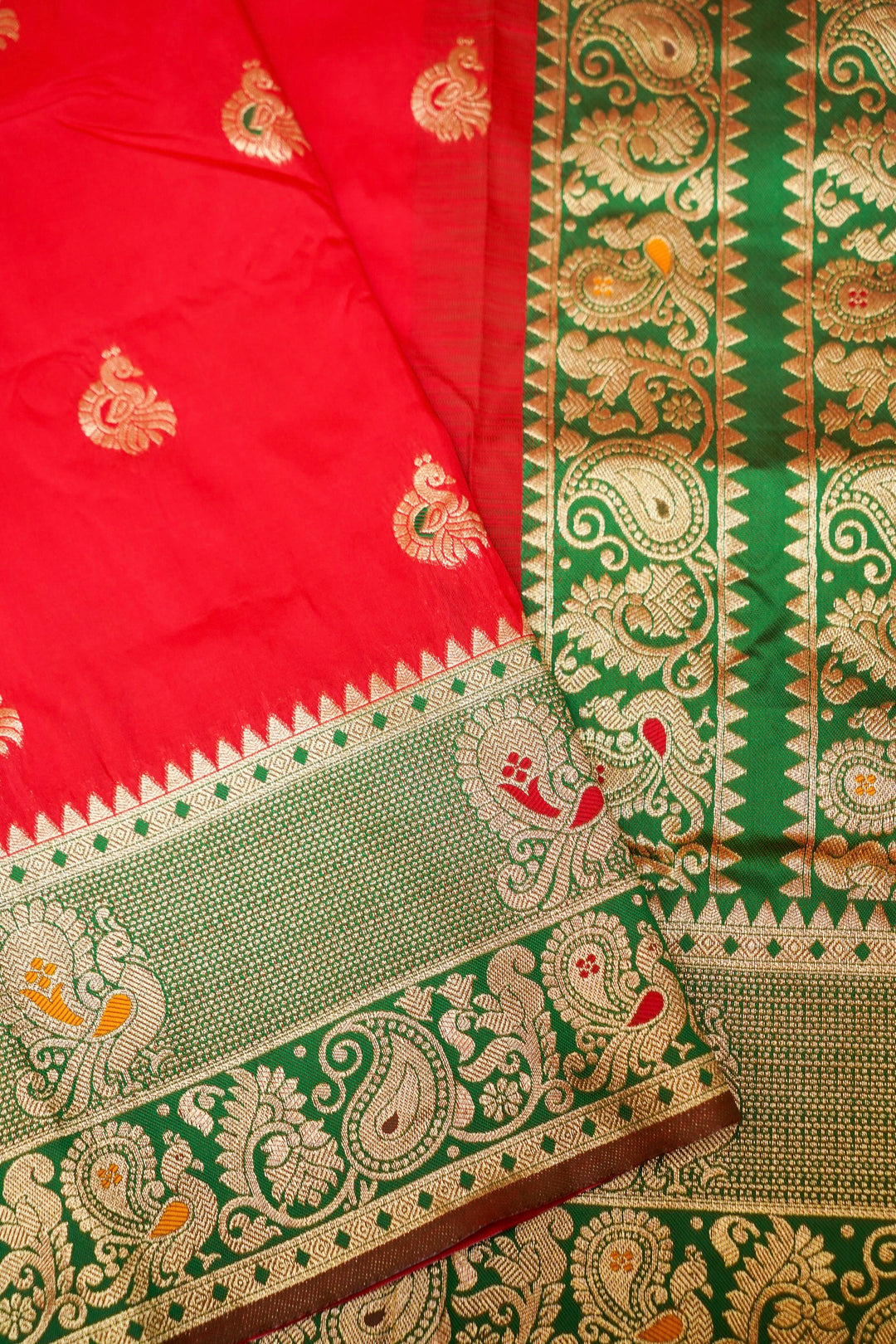 Red Soft Silk Kanjivaram Inspired Bridal Bird Motifs Saree with Contrast Border Pallu