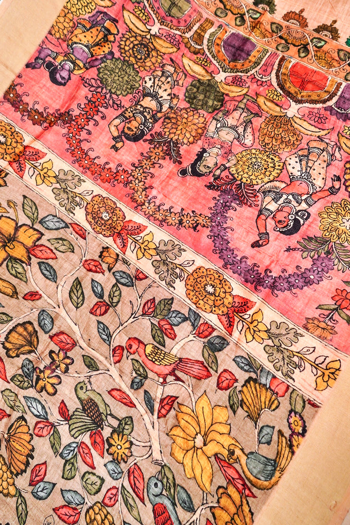 Tan Brown Tussar Silk Saree with Kalamkari Floral and Figure Print