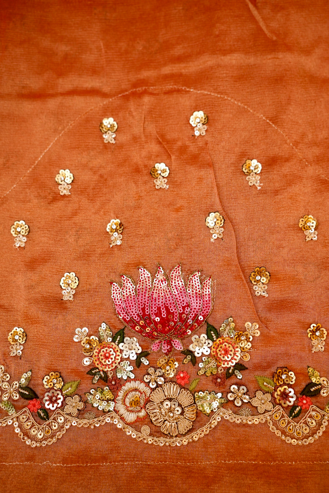 Apricot Orange Designer Tissue Silk Saree with Pichwai Lotus Embroidery View 7