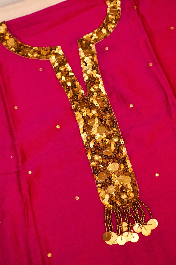 Pink Pure Chanderi Silk Suit Set with Antique Embroidery