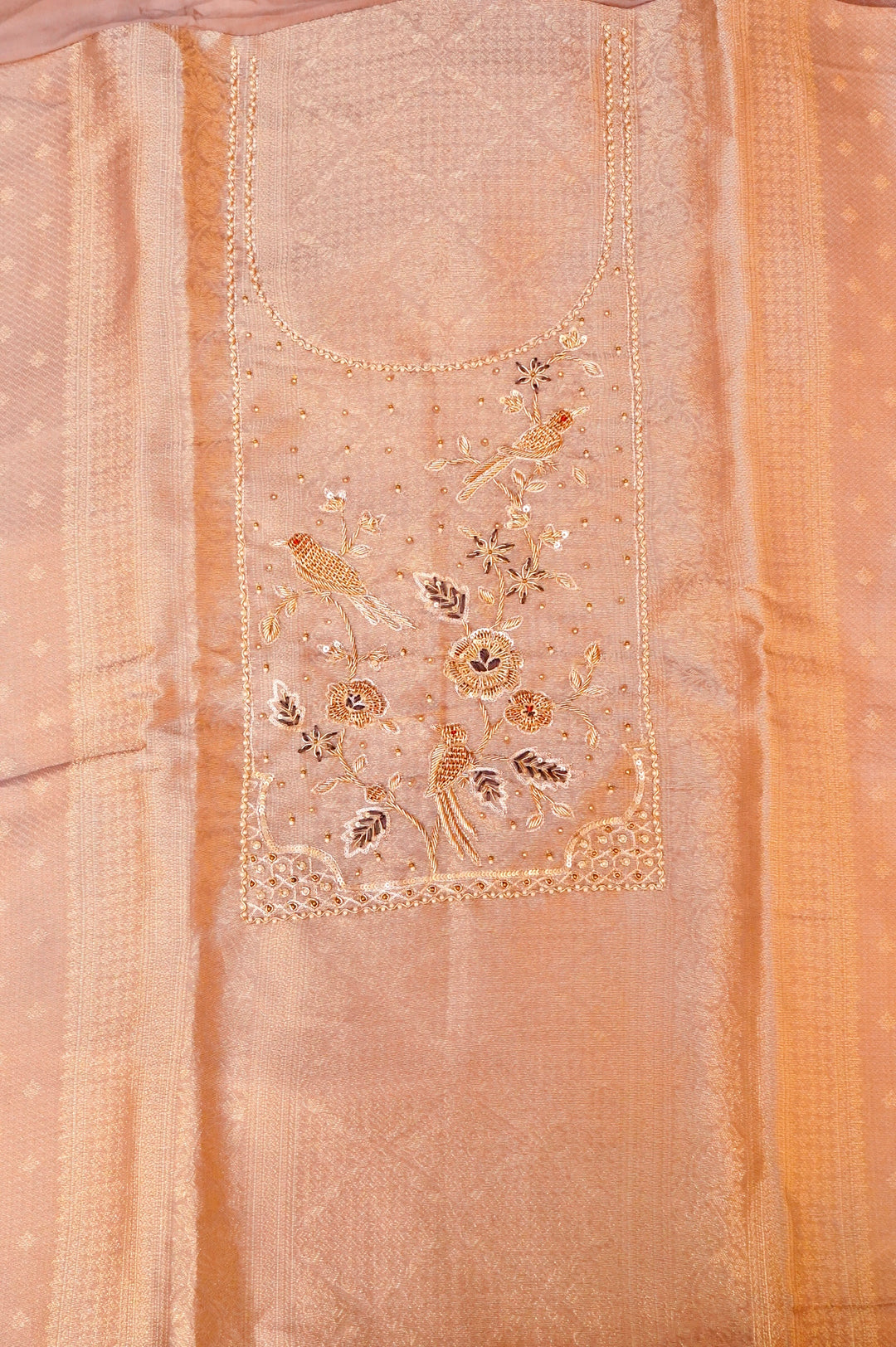 Mauve Banarasi Brocade Soft Silk Unstitched Suit Set with Hand Zardozi Embroidery Bird Motif