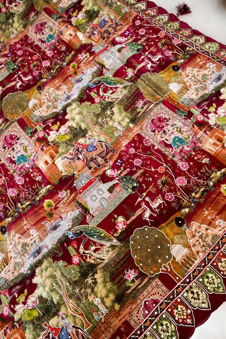 Maroon Crepe Silk Saree with Katha Embroidery & Printed Figure Motifs