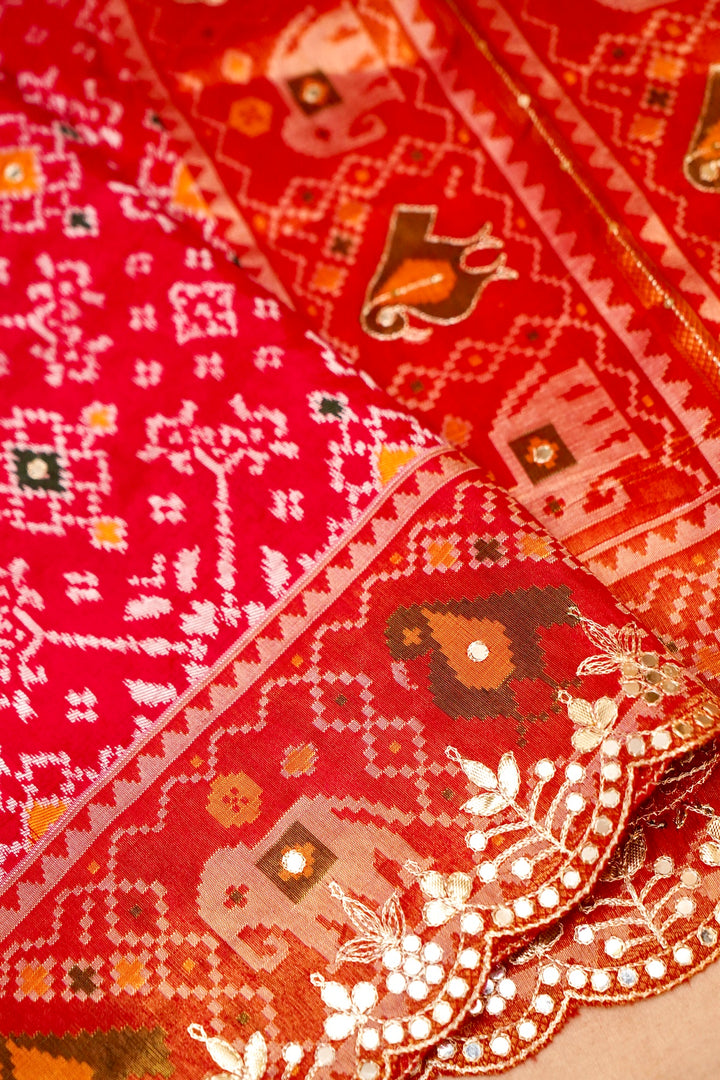 Pink Patola Silk Bridal Wear Aari Mirror Work Saree View 3