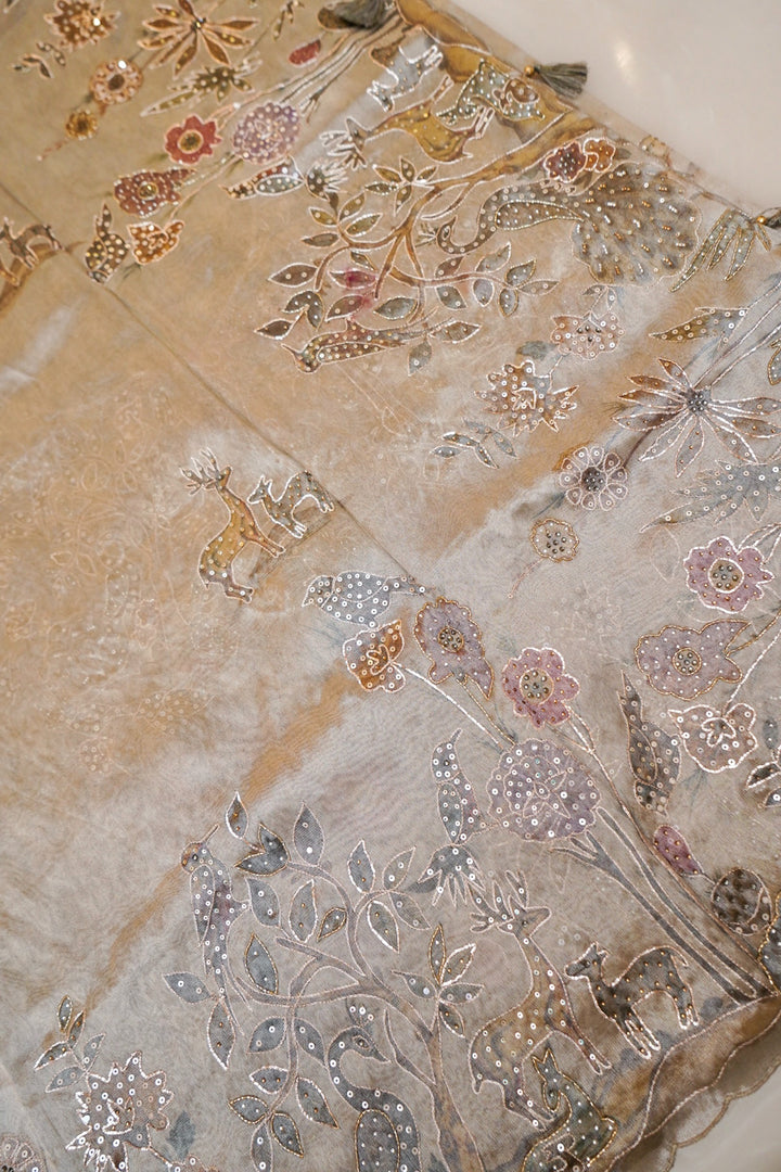 Soft Tissue Silk Aari Tari Hand Embroidered and Printed Saree