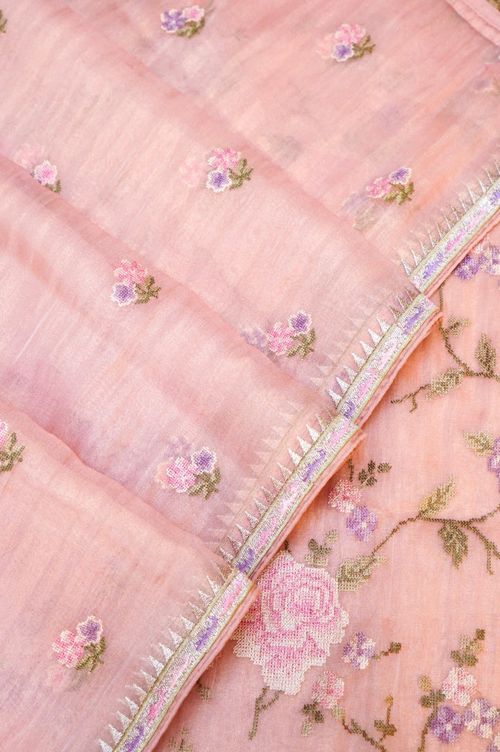 Pastel Pink Banarasi Crush Tissue Silk Suit Set with Embroidery Work