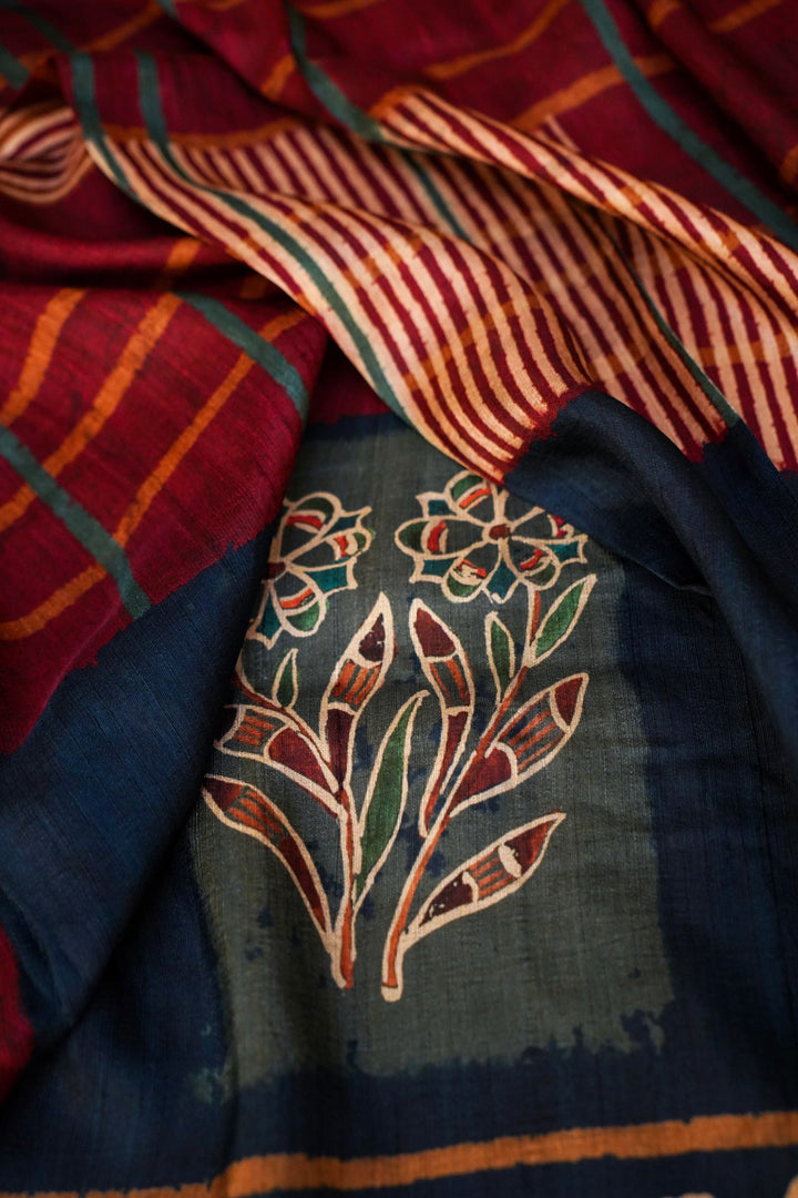 Teal Blue Tussar Silk Saree with Elegant Printed Check Pattern