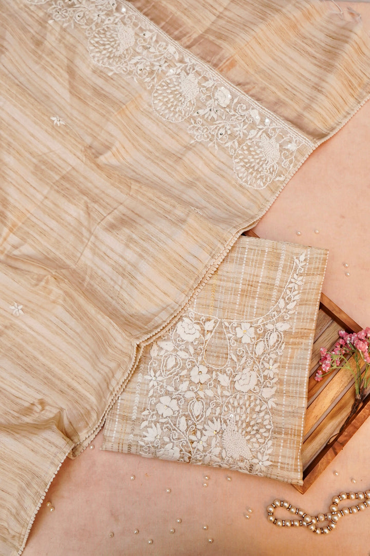 Unstitched Designer Beige Gold Tussar Silk Suit with French Knot Thread Embroidery