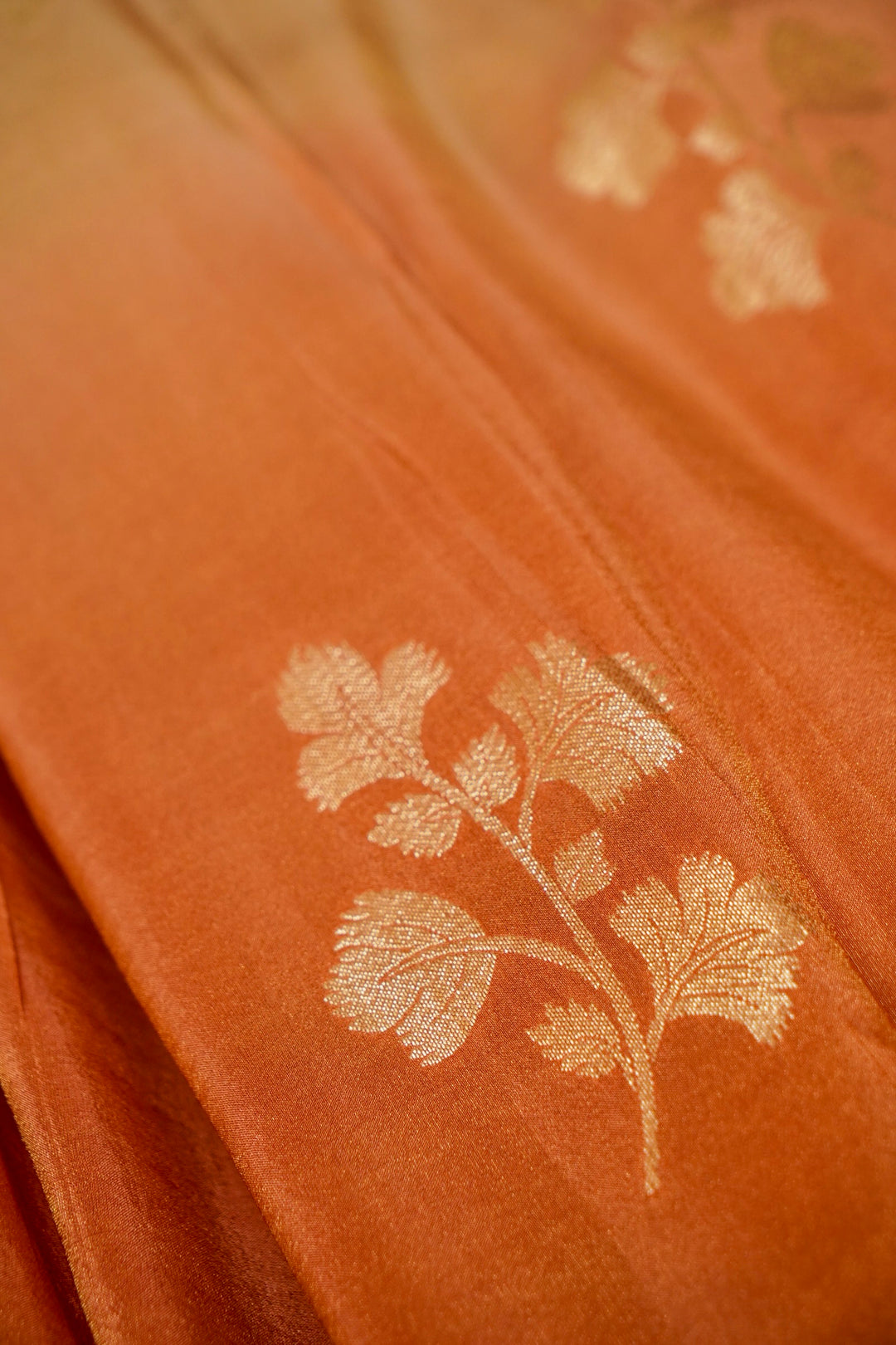 Beige Gold and Orange Lehenga Pattern Half Half Tissue Silk Meenakari Embroidery Saree View 6
