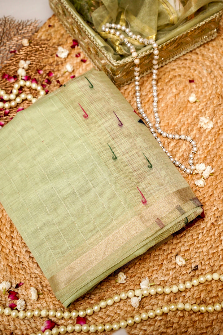 Elegant Pastel Green Cotton Silk Saree with Zari Stripe Weave Paithani Pallu View 1