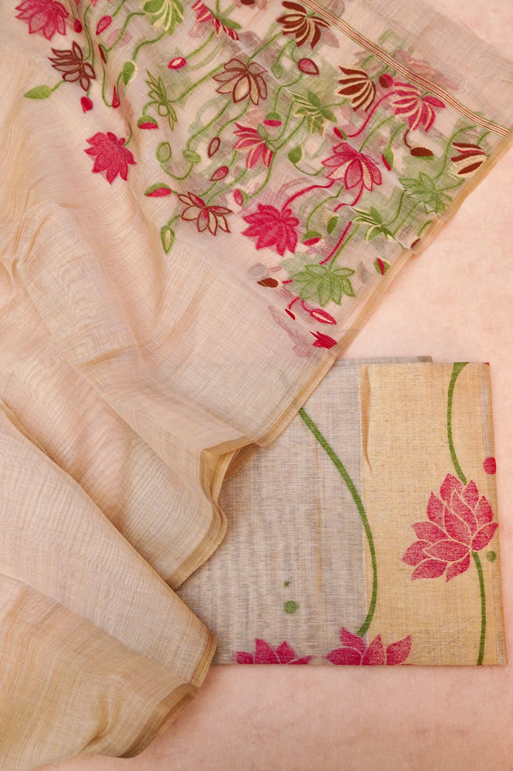 Beige Gold Cotton Silk Ensemble Adorned with Fine Thread Embroidery