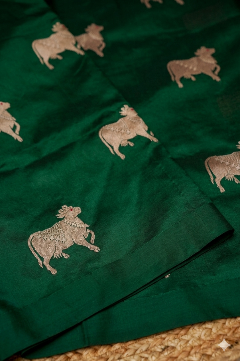 Bottle Green Handwoven Banarasi Pure Puna Silk Saree with Zari Nandi Motif