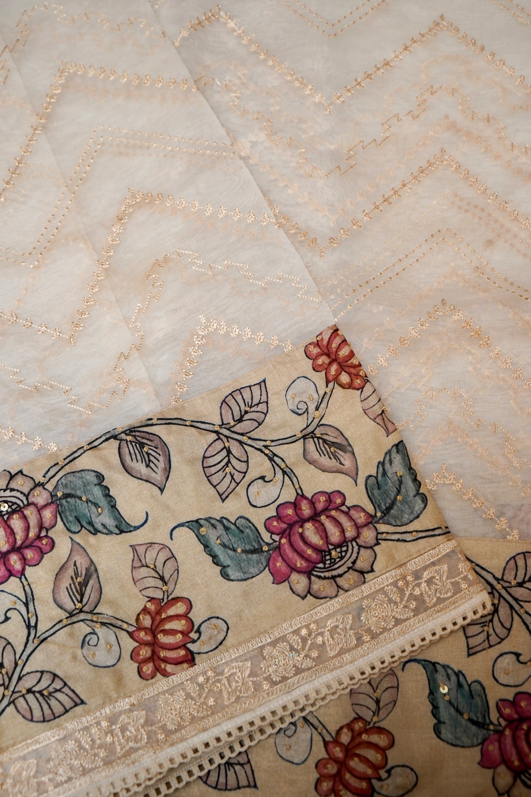 Pure White Organza Saree with Kalamkari Border & Katha-Resham Embroidery