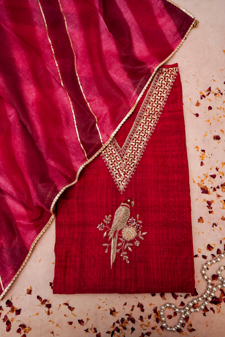Pure Chanderi Silk Suit with Zardozi Embroidery and Gotta Lace Dupatta