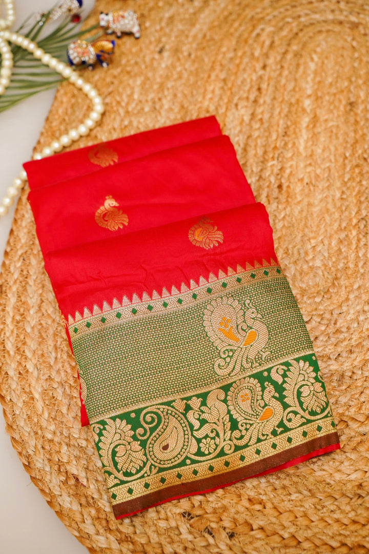 Red Soft Silk Kanjivaram Inspired Bridal Bird Motifs Saree with Contrast Border Pallu
