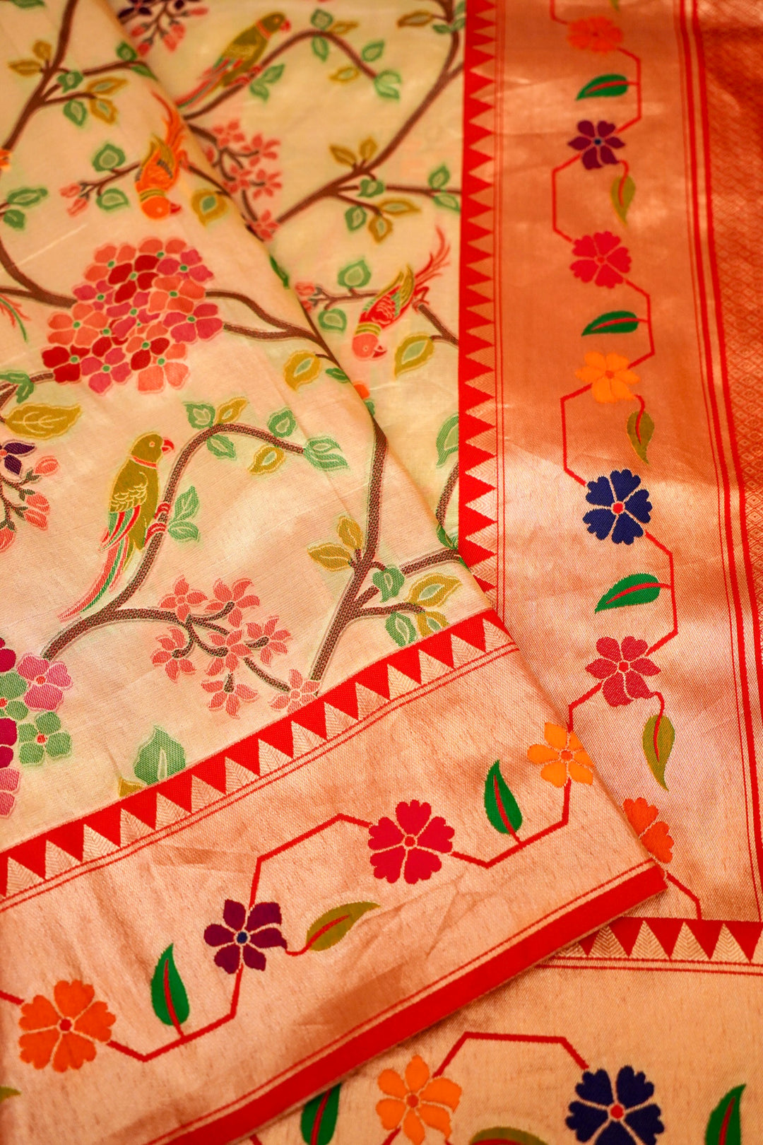 Beige Banarasi Tissue Silk Meenakari Saree with Paithani Border Pallu