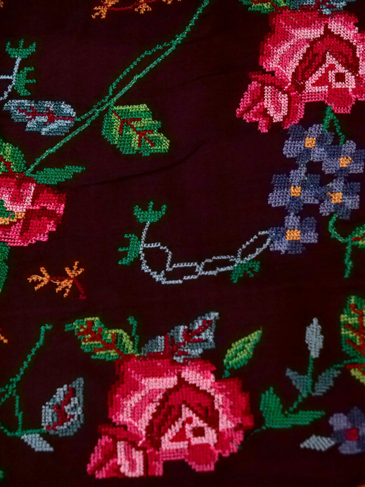 Handwoven Dark Purple Pure Silk Saree with Tissue Stripes Cross Stitch Hand Embroidery Border View 5