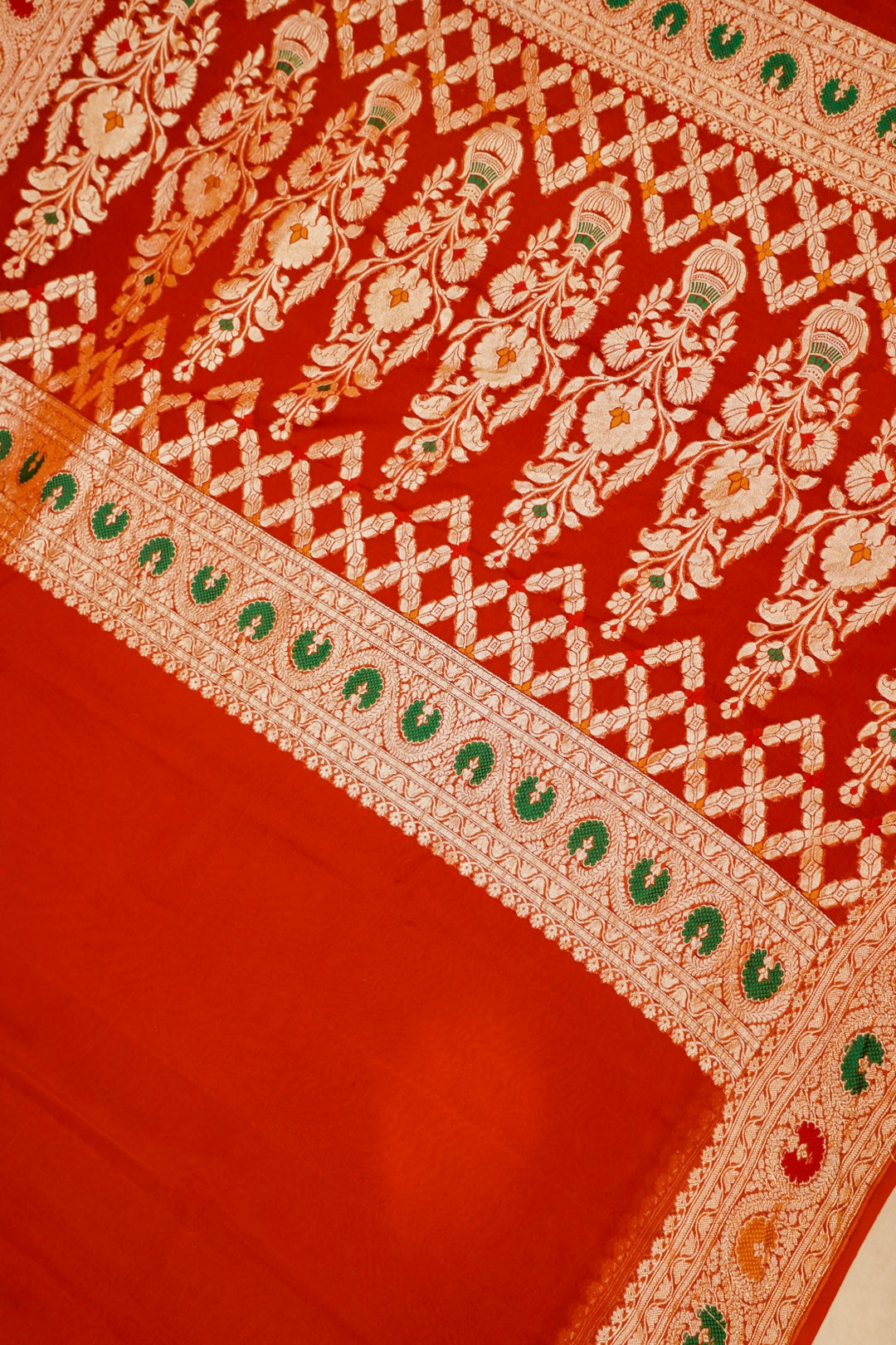 Red Banarasi Khaddi Chiffon Meenakari Border and Pallu Saree View 2