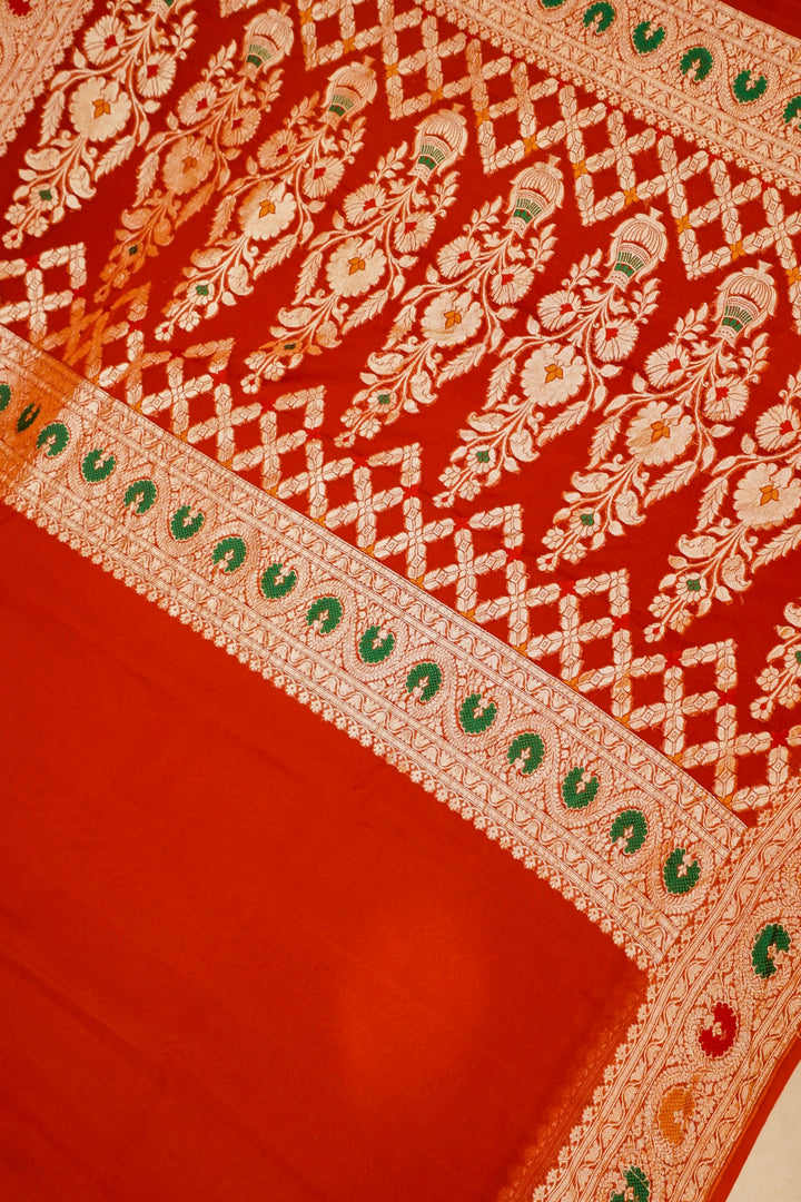 Red Banarasi Khaddi Chiffon Meenakari Border and Pallu Saree View 2
