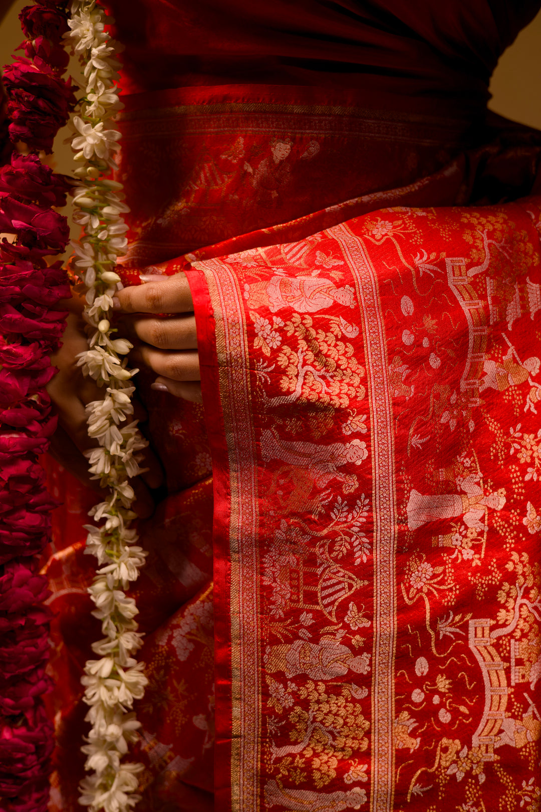 Aalia Bhatt Inspired Red Parsi Gara Banarasi Weaves Cheena Cheeni Heritage Bridal Saree View 8