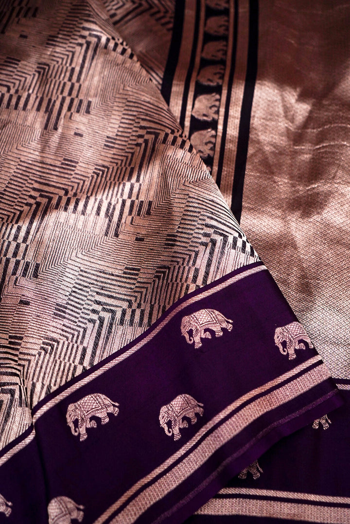 Banarasi Chevron Weave Purple Pure Organza Elephant Motif Saree