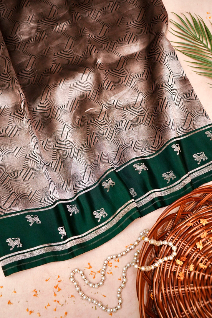 Banarasi Chevron Weave Bottle Green Pure Organza Tiger Motif Saree