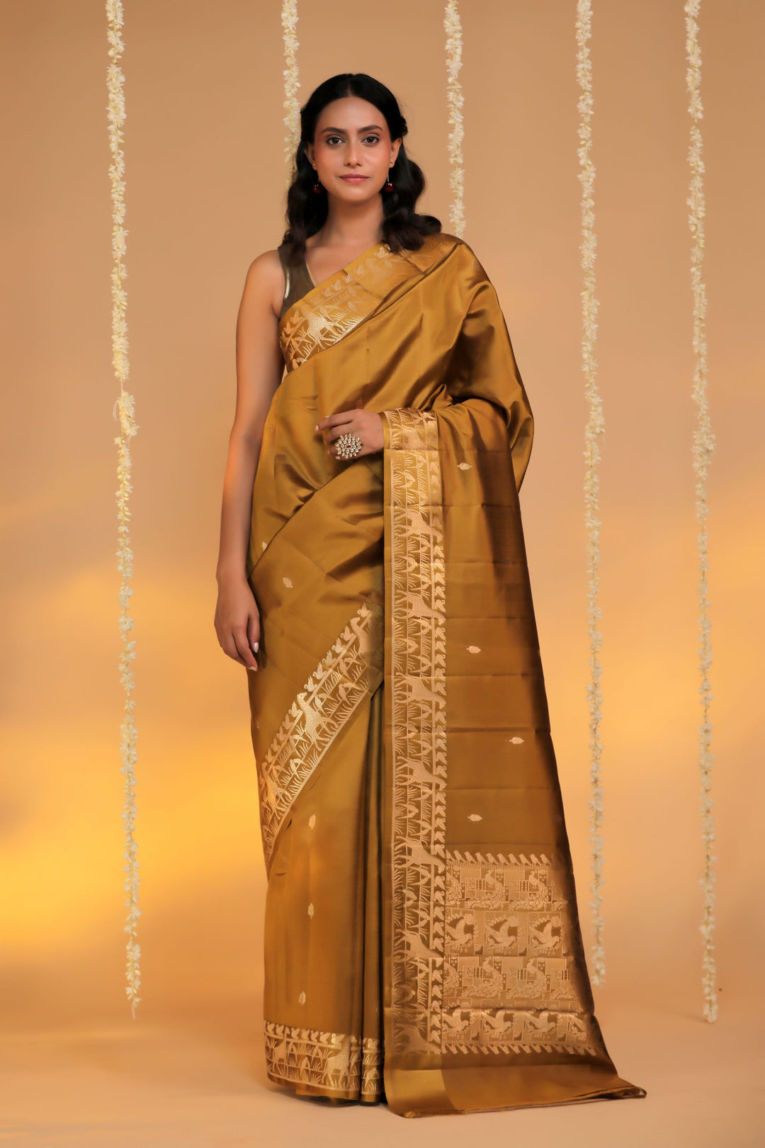 handloom banarasi pure mashru silk mustard shikargah saree front view 1