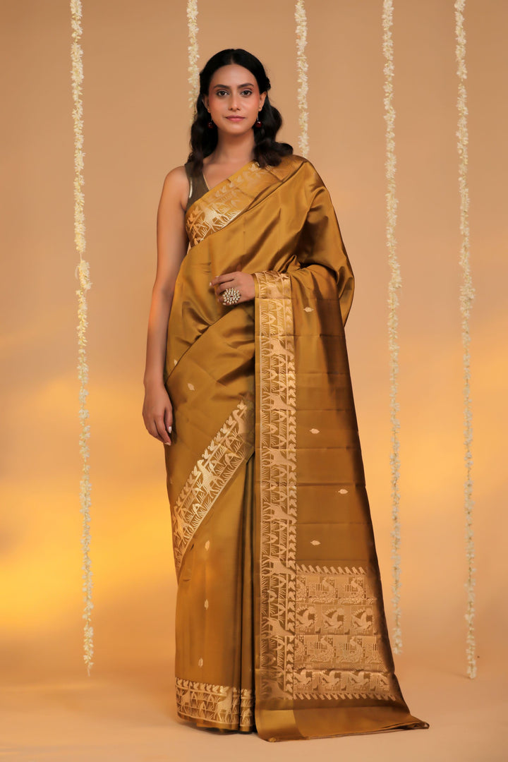 handloom banarasi pure mashru silk mustard shikargah saree front view 1