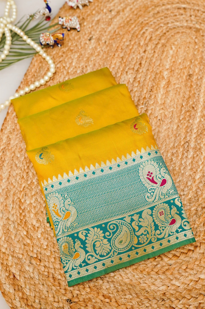 Mustard Yellow Soft Silk Kanjivaram Inspired Bird Motifs Saree with Contrast Border Pallu