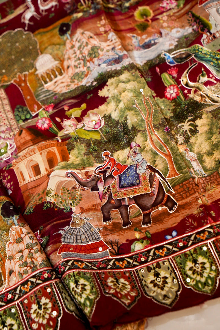 Maroon Crepe Silk Saree with Katha Embroidery & Printed Figure Motifs