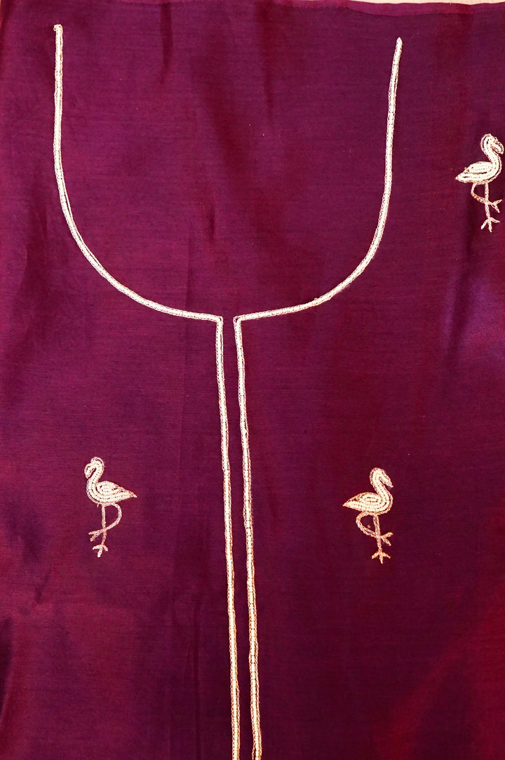Wine Pure Chanderi Silk Suit Set with Pearl Work Birds Motif