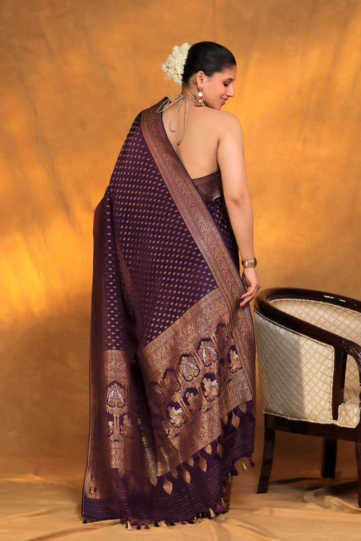 dark purple chinon georegette zari weave shikargah border meenakari saree back view