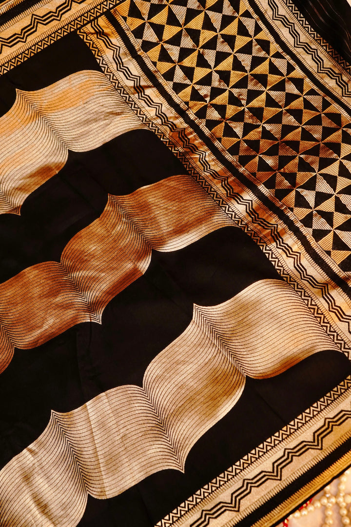 Black Banarasi Muga Crepe Contemporary Saree