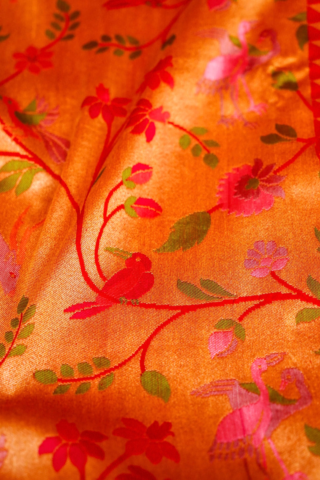 Handwoven Red Banarasi Pure Katan Silk Saree with Golden Zari Woven Animal & Bird Motifs