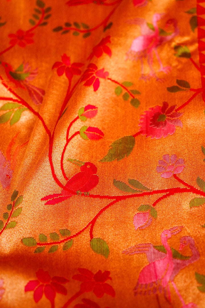 Handwoven Red Banarasi Pure Katan Silk Saree with Golden Zari Woven Animal & Bird Motifs