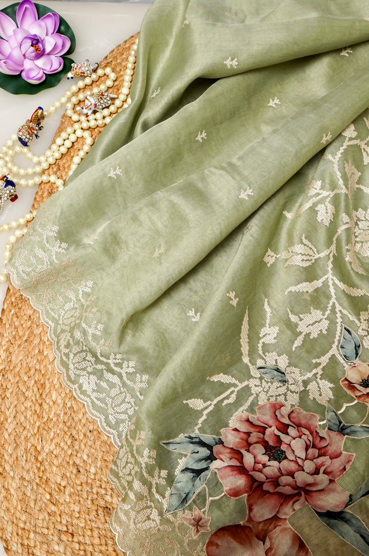 Pista Green Tissue Saree with Cross Stitch Resham Embroidery & Appliqué Work