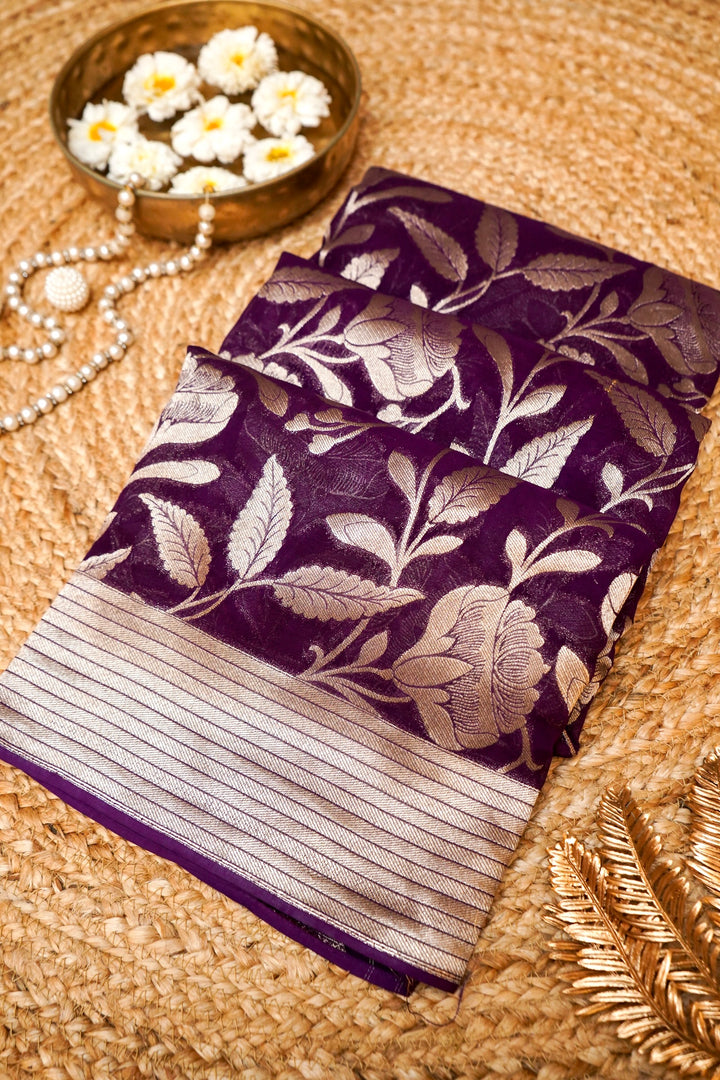 Dark Purple Pure Georgette Saree with Zari Weave Jangla Design